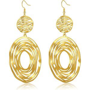 Big Gold Hollow Out Boho Geometric Hook Statement Gold Hoop Dangle Earrings